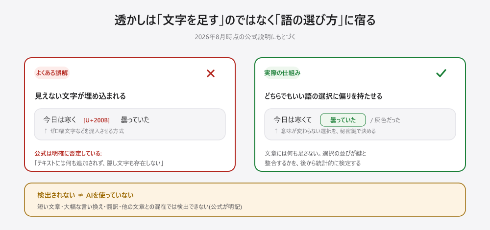 よくある誤解と実際の仕組みの対比。誤解ではゼロ幅文字などの見えない文字が混入されるとされるが、公式は「テキストには何も追加されず、隠し文字も存在しない」と否定している。実際は、意味が変わらない語の選択に秘密鍵由来の偏りを持たせ、選択の並びが鍵と整合するかを統計的に検定する
