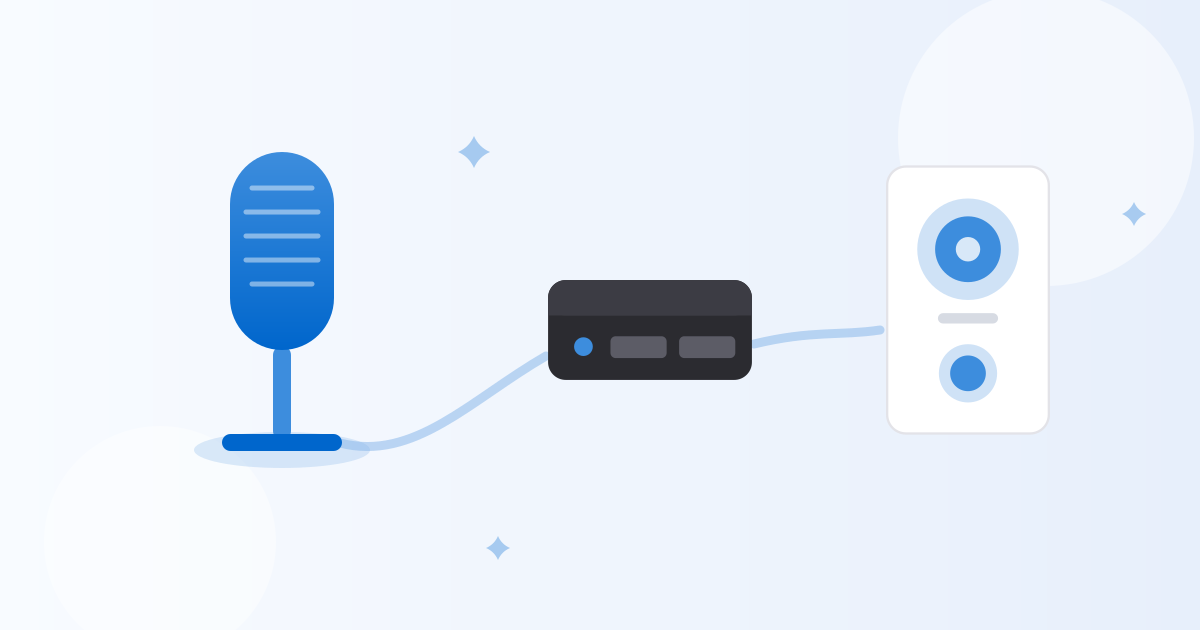 コンデンサーマイク、キャプチャーボード、モニタースピーカーをケーブルでつないだイラスト。配信機材が声・映像・環境の3系統に分かれることを表している