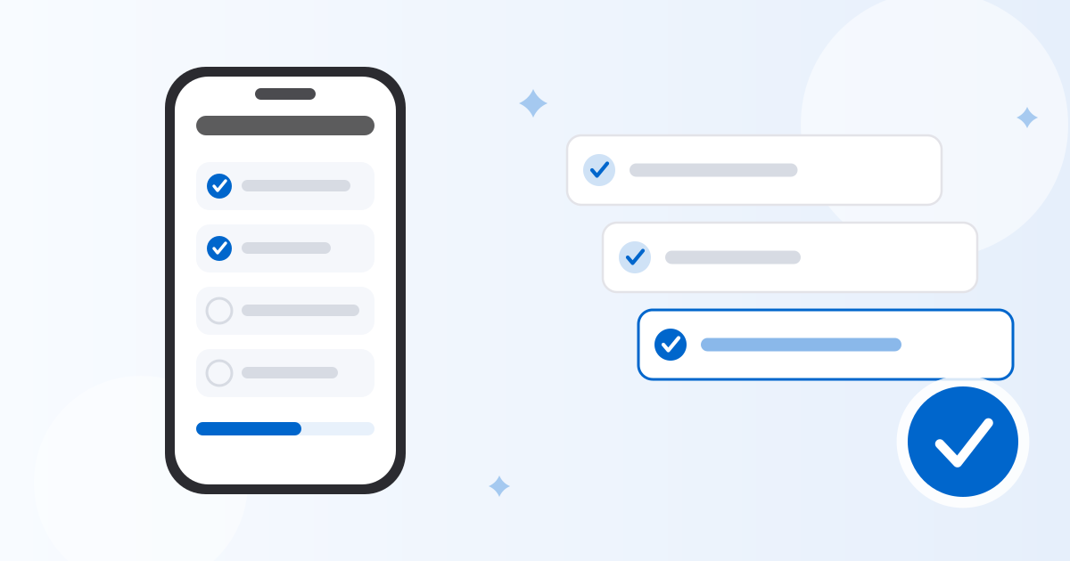 チェックリストを表示したスマートフォンと、チェックの付いた3つの行、大きなチェックバッジのイラスト。App Storeの審査を通過してアプリを公開したことを表している