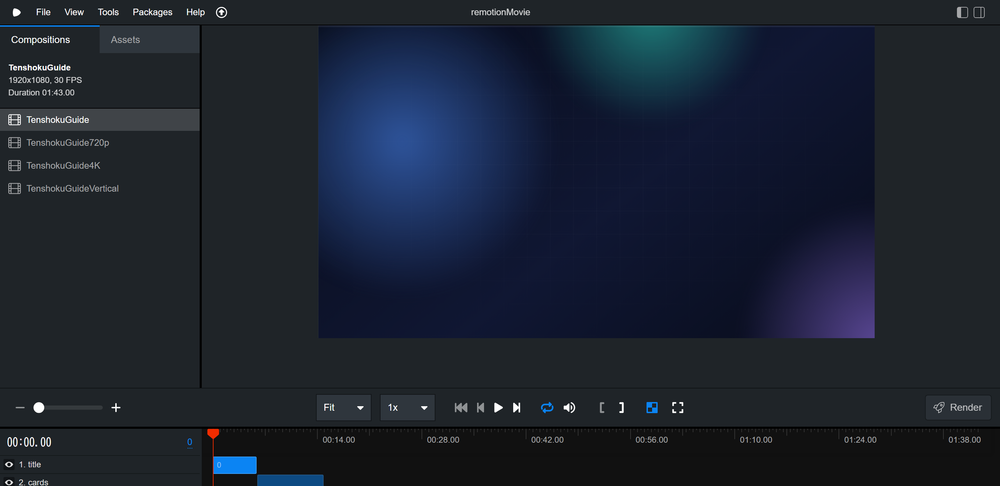 Remotion Studioの画面。左側にTenshokuGuide、TenshokuGuide720p、TenshokuGuide4K、TenshokuGuideVerticalという4つの定義が並び、選択中のものに1920x1080、30 FPS、Duration 01:43.00と表示されている。中央に動画のプレビュー、下部に各シーンが横に並んだタイムライン