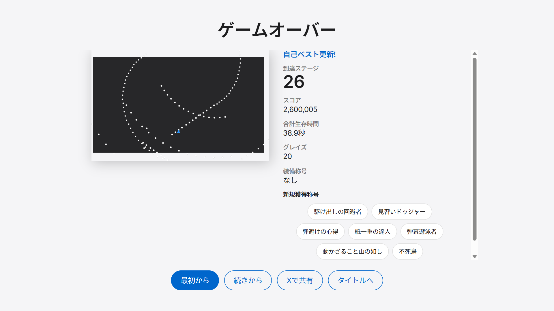 HITLESS — リザルト。到達ステージ・生存時間・グレイズ・獲得した称号